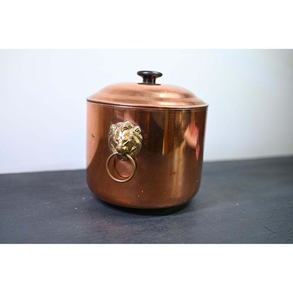 Vintage Copper Lions Head Handle Pot with Lid Decorative Planter Ice Bucket